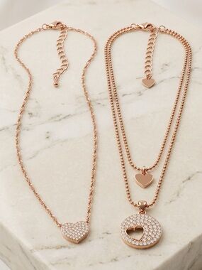2 Rose Gold Heart Pendant Layered Necklace Set
